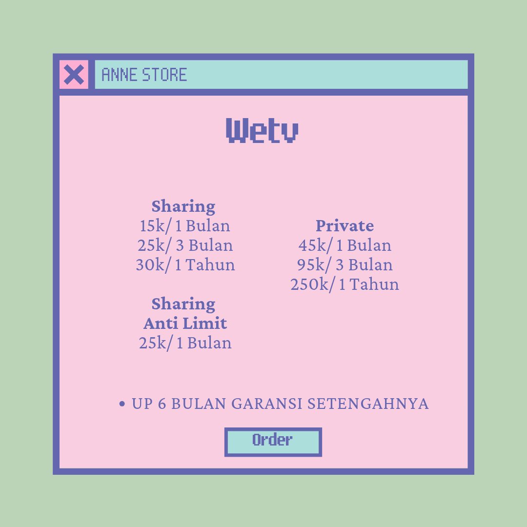 READY WE TV🌈

SHARING
↪15k/bln
↪25k/3 bln
↪30k/thn

ANTLIM
↪25k/bln

PRIVATE
↪47k/bln
↪95k/3 bln

➡Bergaransi
➡Trusted (#.testibyre)
➡Order: wa.me/6287768463922

t. sapa mana ada yang jual wetv netflix vidio viu murah