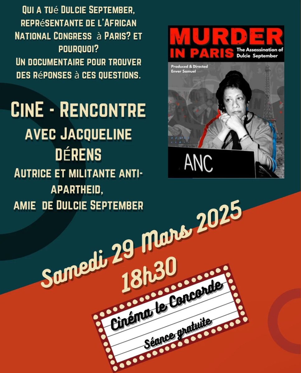 On March 29th, #DFMIAlumni _Murder in Paris_ will be screened in Paris, marking 37 years since the assassination of anti-Apartheid activist Dulcie September.

If you’re in Paris, don't miss this powerful story of resistance, betrayal, and the fight for truth.

#MurderInParis