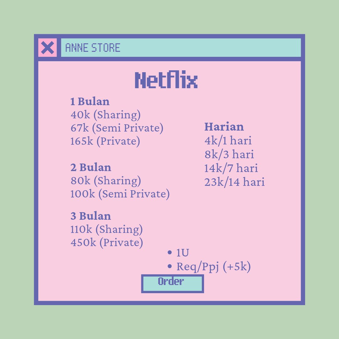 ⛩️ Netflix AOH 1, 2 &amp; 3 bulan ⛩️

SHARING
40k/bln
80k/2 bln
110k/3 bln

PRIVATE
165k/bln

SEMI PRIVATE
67k/bln
100k/2 bln

HARIAN ADA
14k/7 day

➡ Trusted (#.testibyre)
➡ Order: 
wa.me/6287768463922

T. Sapa mana ada yang jual netflix harian bulanan vidio wetv viu murah