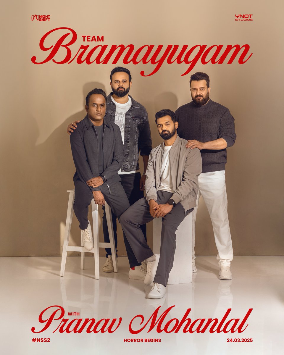 Night Shift Studios LLP (@allnightshifts) on Twitter photo Team #Bramayugam teams up with <a href="/impranavlal/">Pranav Mohanlal</a> for #NightShiftStudios Production No. 2.
#NSS2 - Filming Begins Today !
Starring <a href="/impranavlal/">Pranav Mohanlal</a>
Written & Directed by #RahulSadasivan
Produced by <a href="/chakdyn/">Chakravarthy Ramachandra</a> <a href="/sash041075/">Sash</a>
Banner <a href="/allnightshifts/">Night Shift Studios LLP</a> @studiosynot
PRO <a href="/pro_sabari/">Sabari PRO</a> Team #Bramayugam teams up with <a href="/impranavlal/">Pranav Mohanlal</a> for #NightShiftStudios Production No. 2.
#NSS2 - Filming Begins Today !
Starring <a href="/impranavlal/">Pranav Mohanlal</a>
Written & Directed by #RahulSadasivan
Produced by <a href="/chakdyn/">Chakravarthy Ramachandra</a> <a href="/sash041075/">Sash</a>
Banner <a href="/allnightshifts/">Night Shift Studios LLP</a> @studiosynot
PRO <a href="/pro_sabari/">Sabari PRO</a>