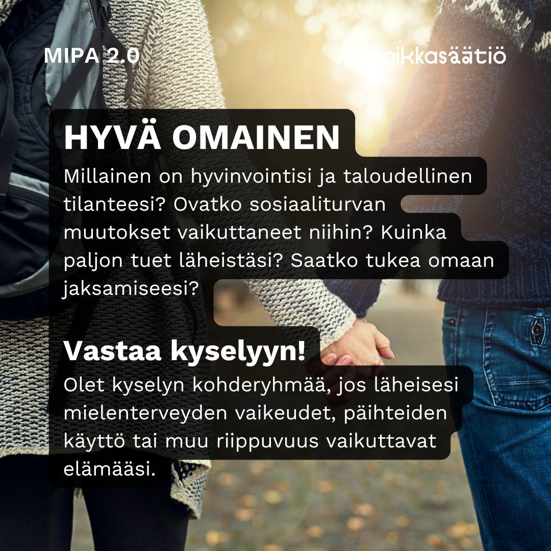 Miten palveluihin ja sosiaaliturvaan tehdyt muutokset näkyvät omaisten taloudessa ja hyvinvoinnissa? Jos läheisesi mielenterveys tai päihteidenkäyttö vaikuttaa elämääsi, kerro elämäntilanteestasi nimettömästi @mipaverkosto kyselyssä.  link.webropolsurveys.com/S/E07F332FA759…