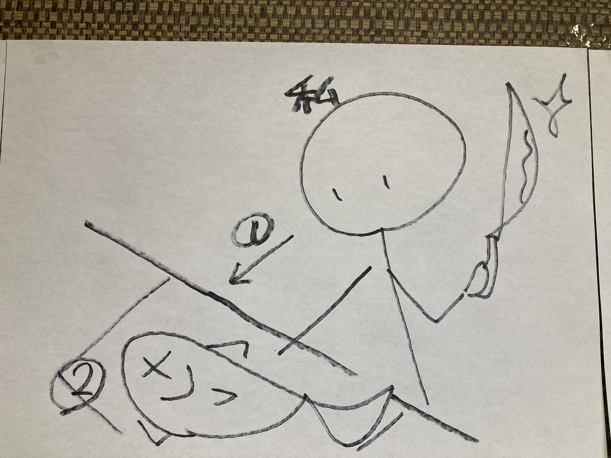 毎回長期休暇中に開講する集中講座。
先日は新中3生と英語の受動態を
復習しました。受動態をやる時に必ず
描く絵。
みんな👦🏻👧🏻「手がない、足がない、
包丁大きすぎw」
など言いたい放題言ってくれましたが、
イメージとインパクト重視です！！