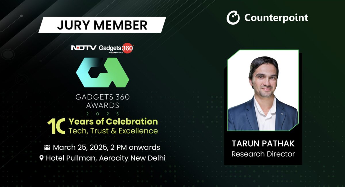 Our Research Director, Tarun Pathak, will be joining the event as a Jury member at NDTV Gadgets 360 Awards 2025.

When: March 25, 2025 | 2 PM IST onwards
Where: Pullman Aerocity, New Delhi

More details here:
counterpointresearch.com/insight/meet-c…