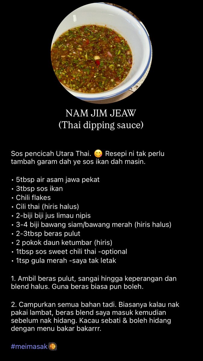 prettylupins's tweet photo. Maaf baru sempat update. Resipi nam jim jeaw, sos pencicah Thai. 😋 Ni kalau taknak masak beria, buat je dipping sauce &amp; daging bakar. Mudah sangat. Level pedas ikut selera. Serbuk putih tu bukan MSG ya tapi beras yang disangai dan blend/tumbuk halus. ✨ https://t.co/2pPXuSXEXq