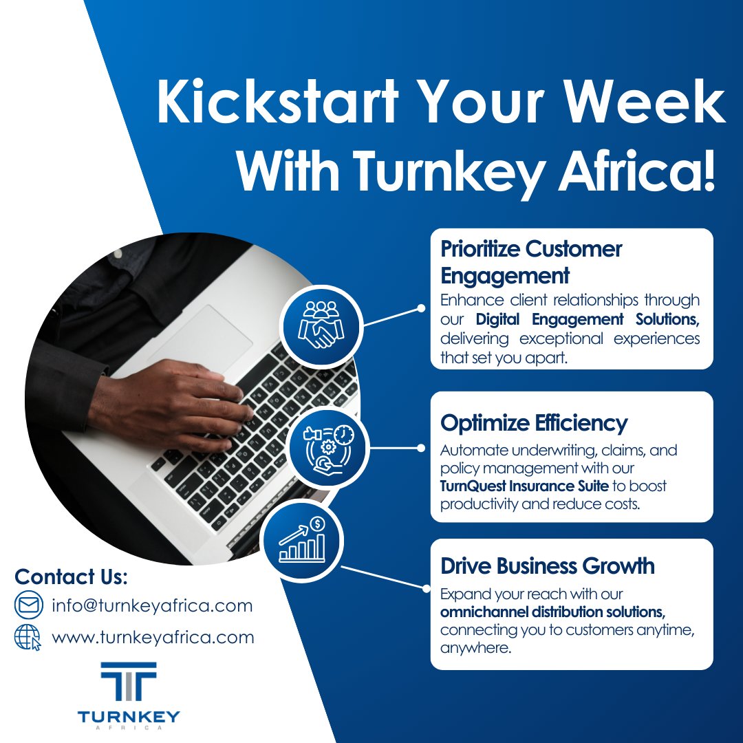 Happy New Week!

As we begin the new week, let's remember that success starts with the right tools—let’s innovate together!

#MondayMotivation #TurnkeyAfrica #InsurTech #BusinessGrowth #InsuranceTechnology #TurnQuestSolutions