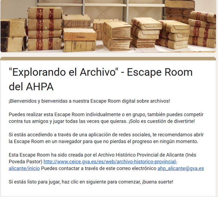 Para quienes os guste jugar, recordamos que el AHPA cuenta con la Escape Room digital abierta: “EXPLORANDO EL ARCHIVO”. Lo elaboró Inés Poveda <a href="/SinColofon/">Inés Poveda</a> 
Enlace:
docs.google.com/forms/d/e/1FAI…
 #UnArchivoEs