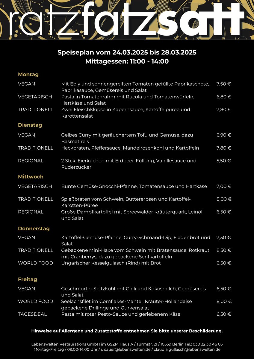 Unsere Karte für diese Woche. Wir freuen uns auf euren Besuch! #ratzfatzsatt
