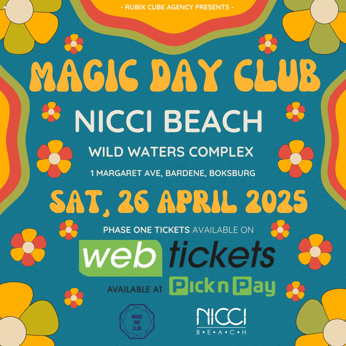#MagicDayClub2025 at <a href="/niccibeach/">niccibeach</a> Phase 1 Tickets now available!

Saturday 26 April 2025 
Phase 1🎫: webtickets.co.za/v2/event.aspx?…
📍: Nicci Beach, Wildwaters Complex, 1 Margaret Avenue, Bardene, Boksburg

#MagicDayClub2025 at a beach near you!

#MDC25
#MDC2025
#ProtectTheVibes