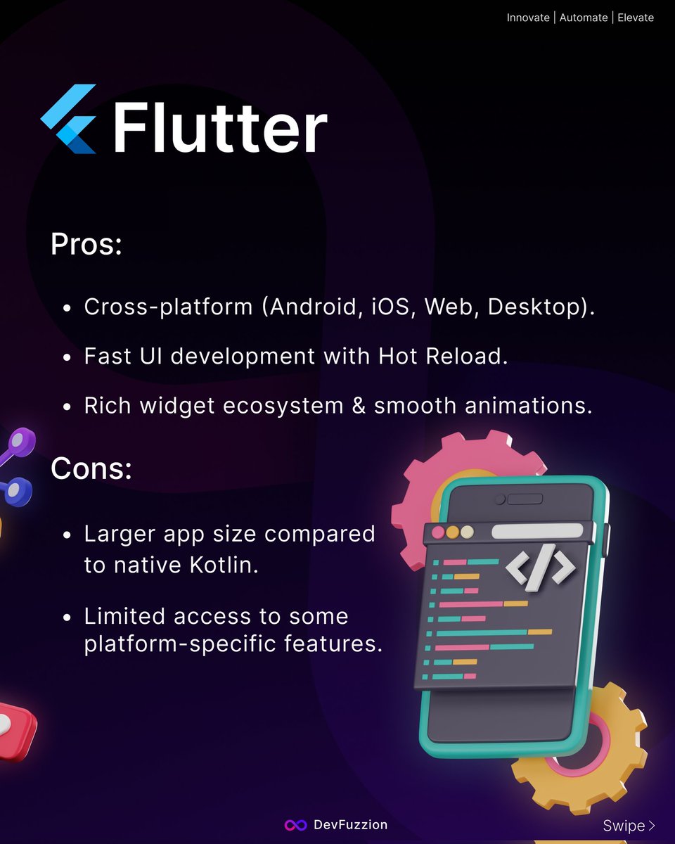 devfuzzion's tweet image. Kotlin vs. Flutter
Kotlin offers native performance and seamless Android API access, while Flutter provides cross-platform support and faster UI development. Each has its pros and cons choose based on your project needs.
#Kotlin #Flutter #AppDevelopment #MobileDev #Tech #WebDev