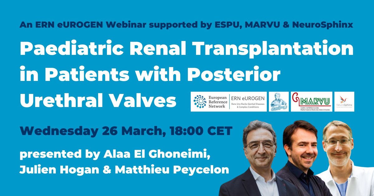 ERN eUROGEN (@ern_eurogen) on Twitter photo Join an <a href="/ERN_eUROGEN/">ERN eUROGEN</a> webinar:
🖥 Paediatric #RenalTransplantation with PUV
👥 Alaa El Ghoneimi, <a href="/julien_hogan/">Julien Hogan</a>, <a href="/M_Peycelon/">Matthieu Peycelon</a>
📅 Wed 26 Mar, 18:00 CET
🔗 bit.ly/3Fz9sb2
Supported by <a href="/ESPUorg/">ESPU</a>, MARVU, <a href="/NeuroSphinx/">NeuroSphinx</a>
#EUfunded #EU4Health #RareDisease #PedUro #SoMe4PedSurg Join an <a href="/ERN_eUROGEN/">ERN eUROGEN</a> webinar:
🖥 Paediatric #RenalTransplantation with PUV
👥 Alaa El Ghoneimi, <a href="/julien_hogan/">Julien Hogan</a>, <a href="/M_Peycelon/">Matthieu Peycelon</a>
📅 Wed 26 Mar, 18:00 CET
🔗 bit.ly/3Fz9sb2
Supported by <a href="/ESPUorg/">ESPU</a>, MARVU, <a href="/NeuroSphinx/">NeuroSphinx</a>
#EUfunded #EU4Health #RareDisease #PedUro #SoMe4PedSurg