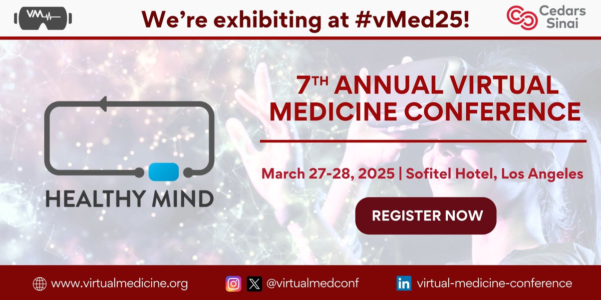 🌍 Healthy Mind at #vMed25 – <a href="/virtualmedconf/">Virtual Medicine</a> 
Join us March 27-28 to explore how VR is transforming healthcare. We'll share our work on pain &amp; stress management with VR therapy!
📍 Booth #16 | More info 👉 virtualmedicine.org/conferences/ab…
#VirtualMedicine #DigitalHealth #PainManagement