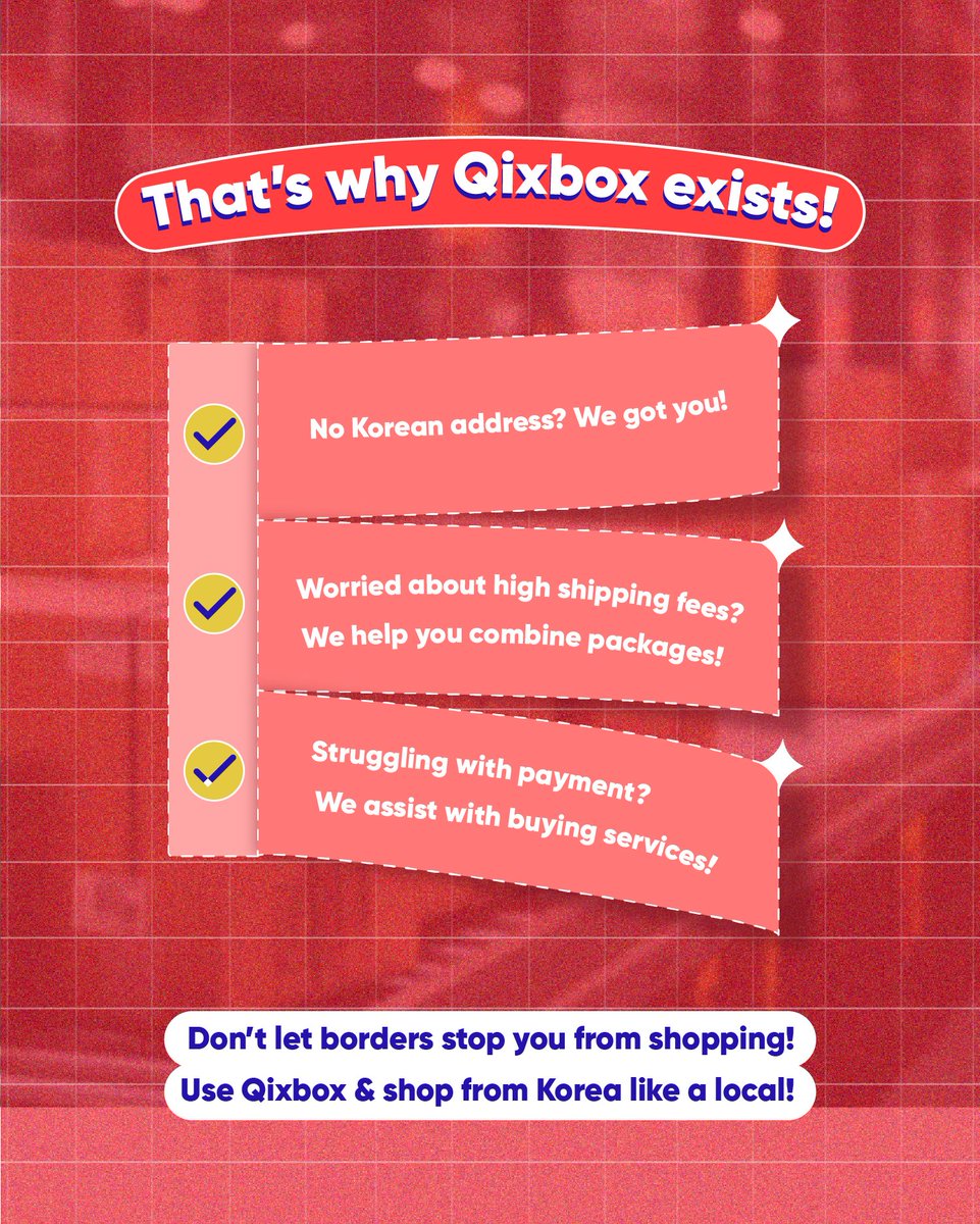 qixbox's tweet image. 🇰🇷 Want to shop from Korea but stuck with no shipping options?
💡 Qixbox makes it possible!
📦 Korean address, buying assistance &amp;amp; worldwide shipping – all in one place!

✨ Start shopping from Korea today!

#koreawarehouse #purchaseassistance #warehousekorea #koreaproxy…