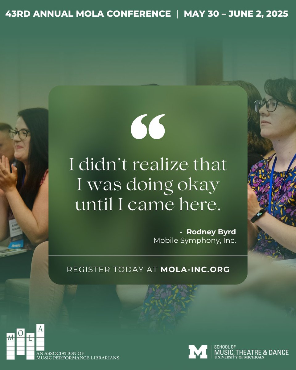 The 43rd Annual MOLA Conference is an opportunity to connect with fellow music librarians and feel supported in your work. Don’t miss your opportunity to be part of insightful discussions, hands-on workshops, and so much more. Secure your spot today at mola-inc.org!