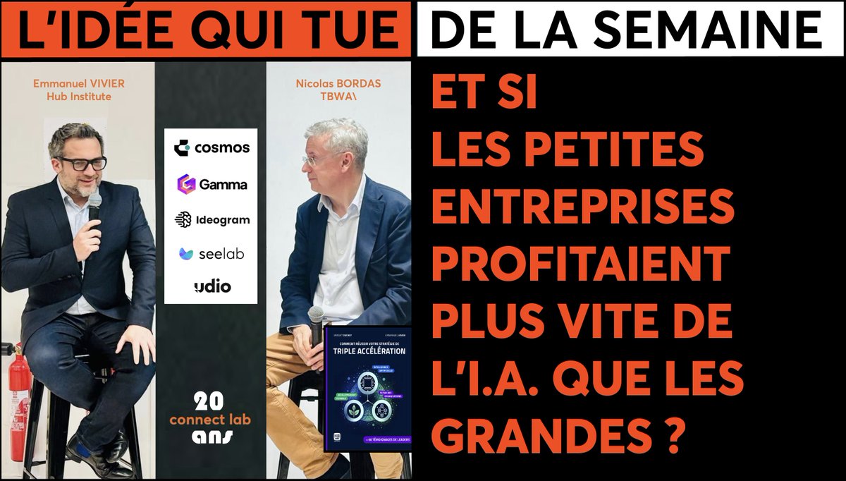 nicolas bordas (@nicolasbordas) on Twitter photo ET SI LES PETITES ENTREPRISES PROFITAIENT PLUS VITE DE L'I.A QUE LES GRANDES ?
bit.ly/KillerIdeaIAcc…
C'est l'"idée qui tue" de la semaine de ma newsletter, inspirée par l'intervention éclairante d' <a href="/emmanuelvivier/">Emmanuel Vivier</a> , co-auteur avec <a href="/vincent_ducrey/">Vincent Ducrey</a> de "Triple Accélération" . ET SI LES PETITES ENTREPRISES PROFITAIENT PLUS VITE DE L'I.A QUE LES GRANDES ?
bit.ly/KillerIdeaIAcc…
C'est l'"idée qui tue" de la semaine de ma newsletter, inspirée par l'intervention éclairante d' <a href="/emmanuelvivier/">Emmanuel Vivier</a> , co-auteur avec <a href="/vincent_ducrey/">Vincent Ducrey</a> de "Triple Accélération" .