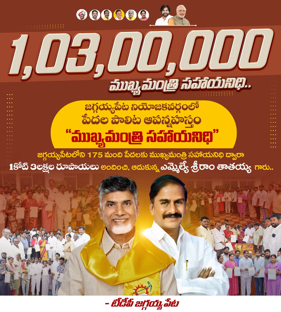 Sreeram_Tataiah's tweet photo. జగ్గయ్యపేట నియోజకవర్గంలో పేదల పాలిట ఆపన్నహస్తం “ముఖ్యమంత్రి సహాయనిధి”
జగ్గయ్యపేటలోని 175 మంది పేదలకు ముఖ్యమంత్రి సహాయనిధి ద్వారా 1కోటి 3లక్షల రూపాయలు అందించి, ఆదుకున్న ఎమ్మెల్యే శ్రీరాం తాతయ్య గారు..
#sreeramtataiah #jaggayyapetamla #cmrelieffundap 
@ncbn @JaiTDP @naralokesh https://t.co/Ov7zoRKRdB