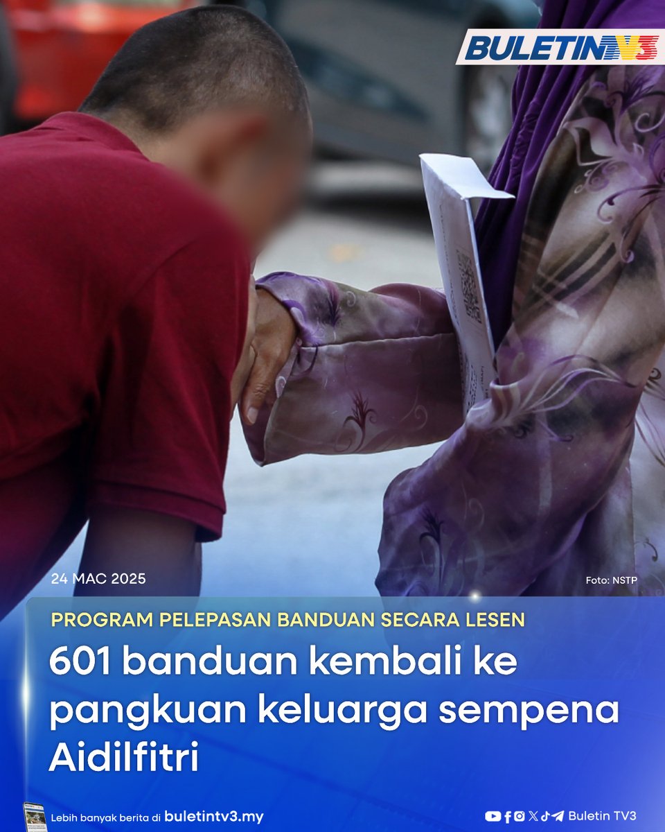 BuletinTV3's tweet photo. PBSL IHSAN MADANI | Sempena perayaan Aidilfitri, seramai 601 orang prospek termasuk empat wanita daripada 34 institusi penjara dilepaskan melalui Program Pelepasan Banduan Secara Lesen (PBSL) Ihsan MADANI.

#BuletinTV3 #PBSL #MADANI https://t.co/spFve8VVjH