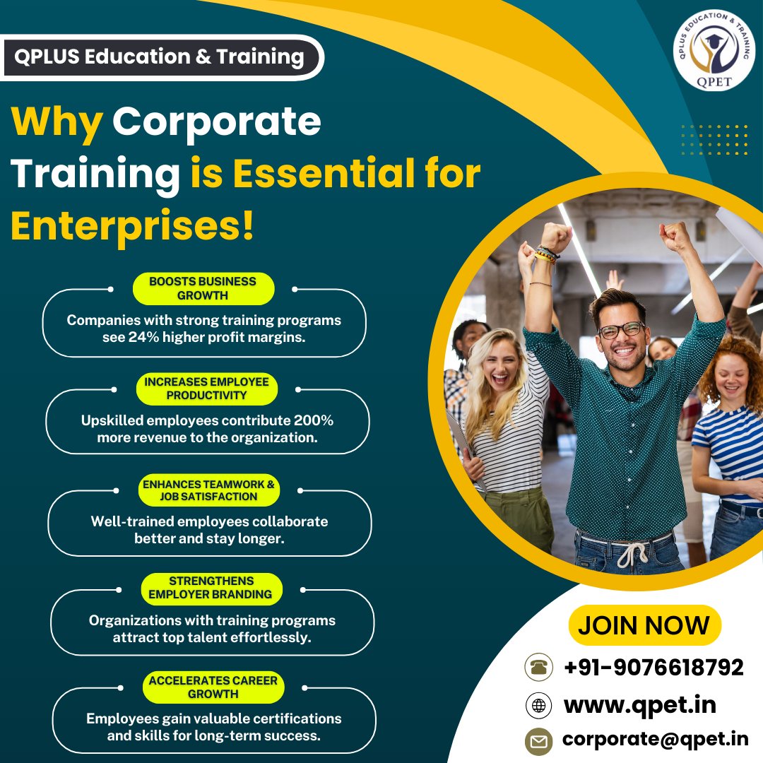 QPET_Qplus's tweet photo. 📢 Corporate Training = Higher Profits &amp; Stronger Teams! 🚀 Upskilled employees boost revenue, productivity &amp; retention. Invest in growth today! 💼📈 #CorporateTraining #Success https://t.co/cITp9WJgBe