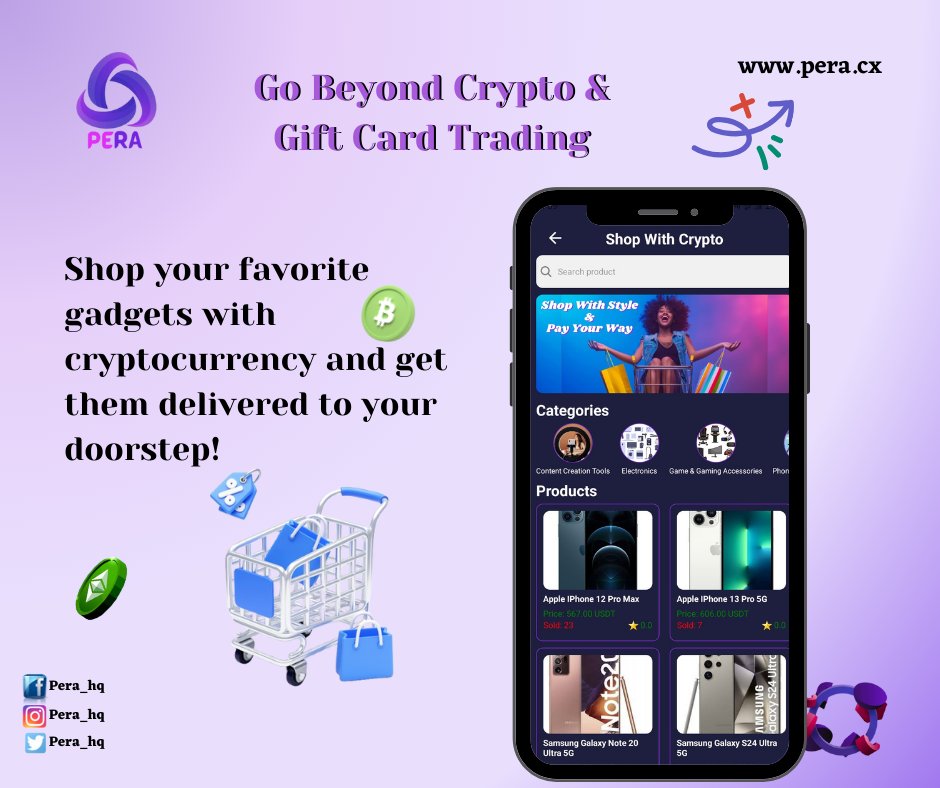 Pera_hq's tweet image. Go beyond crypto and giftcard trading. Shop your favorite products and gadgets with cryptocurrency and have them delivered to your doorstep. 
#pera #tradeatease #perashop #mondays #cryptotrading #cryptotradingbot  #GM @Gayu_BTC