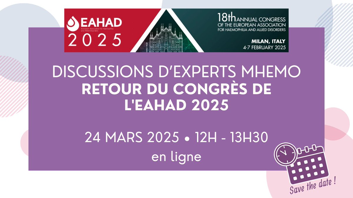 [JJ webconférence de retour de l'EAHAD 2025]

Rendez-vous à 12h pour la webconférence de retour du congrès de l'EAHAD 2025 par les professionnels de santé de la filière MHEMO !

Plus d'informations ➡ mhemo.fr/agenda/?event_…