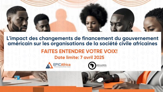 AfricanNGOs (@africanngos) on Twitter photo Appel à toutes les ONG africaines – Votre travail a-t-il été impacté par les réductions de financement du gouvernement américain ? Participez à l’enquête de @AfricanNGOs & EPIC-Africa pour partager votre expérience et faire entendre votre voix ! tinyurl.com/f462thhn Appel à toutes les ONG africaines – Votre travail a-t-il été impacté par les réductions de financement du gouvernement américain ? Participez à l’enquête de @AfricanNGOs & EPIC-Africa pour partager votre expérience et faire entendre votre voix ! tinyurl.com/f462thhn