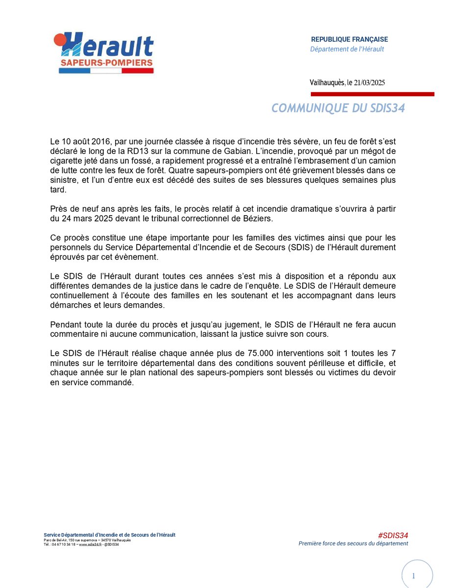 #DernièreMinute|| Le procès de l'#Incendie de #Gabian s'ouvre aujourd'hui au tribunal correctionnel de Béziers Le #SDIS de l'#Hérault communique