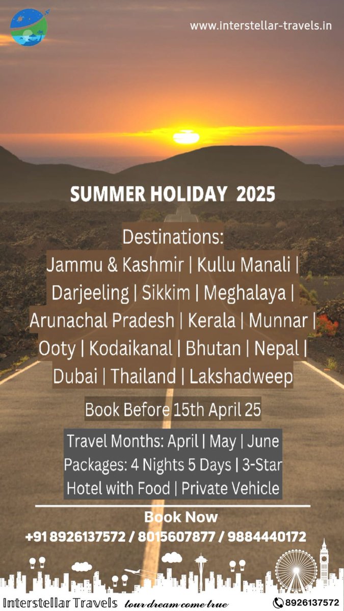 Summer Holiday 2025: Our upcoming destinations -
Jammu &amp; Kashmir, Manali, Darjeeling, Sikkim, Meghalaya, Kerala, Bhutan, Nepal, Dubai, Thailand.
April - June |  4N/5D | Private Vehicle. Book before 15th April!
 🌐 interstellar-travels.in
#summerholiday