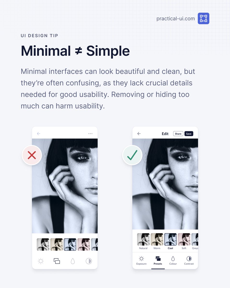 ⚡️ UI design tip - Don’t confuse minimalism with simplicity

✅ Minimal interfaces can look beautiful and clean.

❌ But they're often confusing, as they lack crucial details needed for good usability.

Issues with this example:

◆ Photo filters &amp; bottom nav aren’t labelled, so