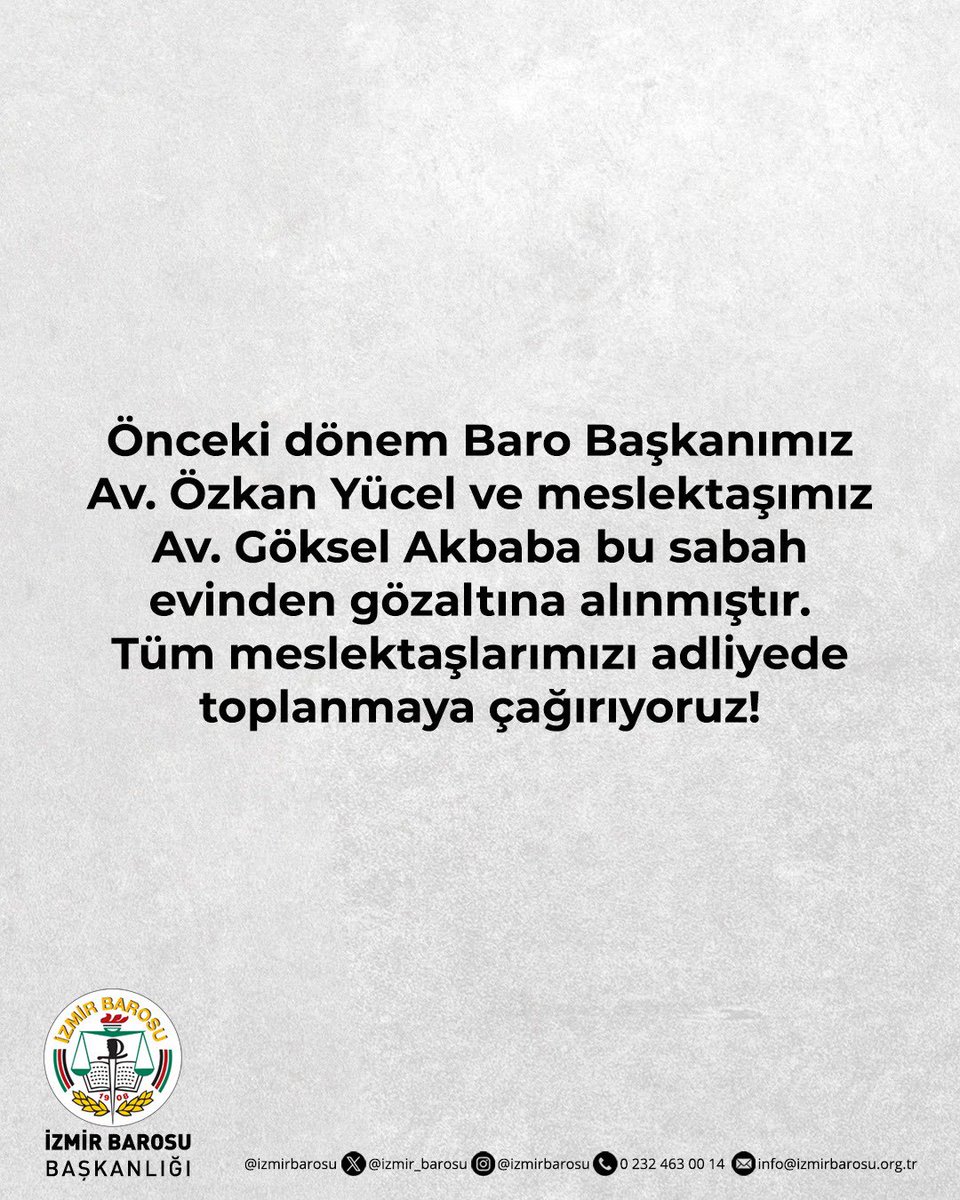 Önceki dönem Baro Başkanımız Av. Özkan Yücel ve meslektaşımız Av. Göksel Akbaba bu sabah evinden gözaltına alınmıştır. Tüm meslektaşlarımızı adliyede toplanmaya çağırıyoruz!