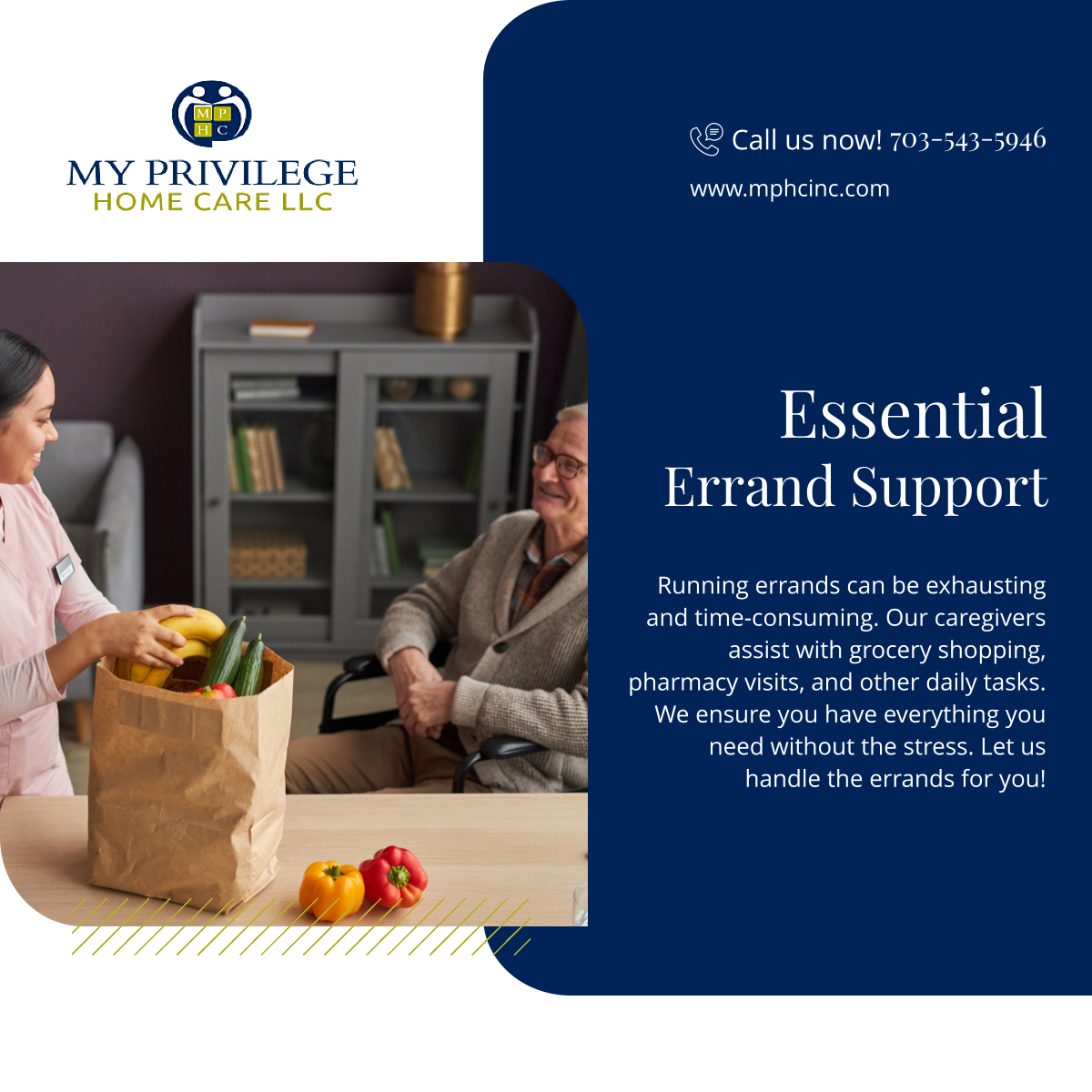 myprivilegehc's tweet image. At My Privilege Home Care LLC, we are here to ensure your daily needs are met. From groceries to appointments, our caregivers offer reliable assistance. Stay comfortable while we take care of the rest. Get in touch with us now!

#FairfaxVA #HomeCare #ErrandAssistance