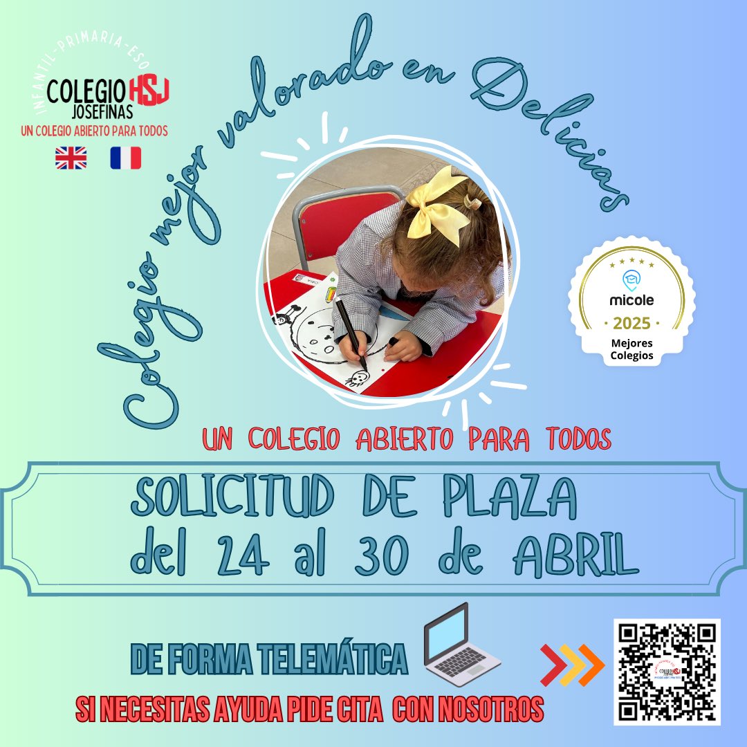 ⏩SOLICITUDES 2025-26⏪.   
Si quieres solicitar plaza en nuestro colegio puedes hacerlo online 💻. Nosotros abrimos nuestra secretaría 👩‍💼para ayudarte. Puedes solicitarla en el siguiente enlace:
forms.gle/wkE9sP51N3q8sU…