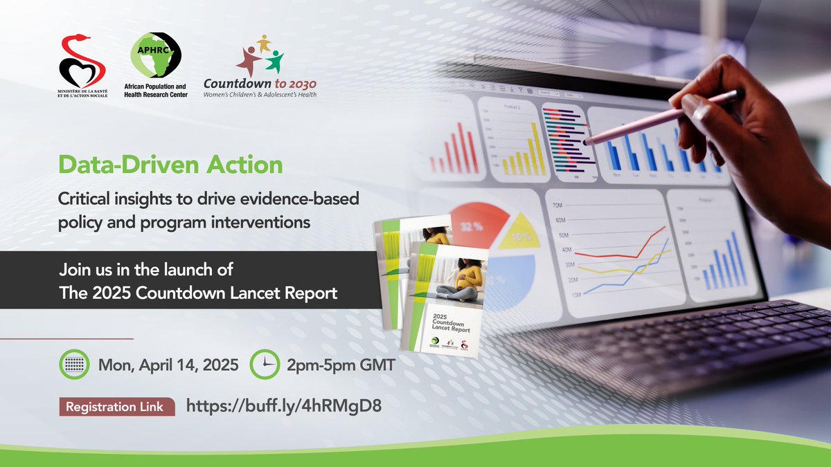 Countdown2030's tweet image. Data-driven decisions save lives!
The 2025 Countdown Lancet Report shares key insights to improve maternal and child health.
Join us on April 14 to explore key findings by registering here: buff.ly/4hRMgD8
#The2025CountdownLancetReport #Data4DecisionMaking 
@aphrc