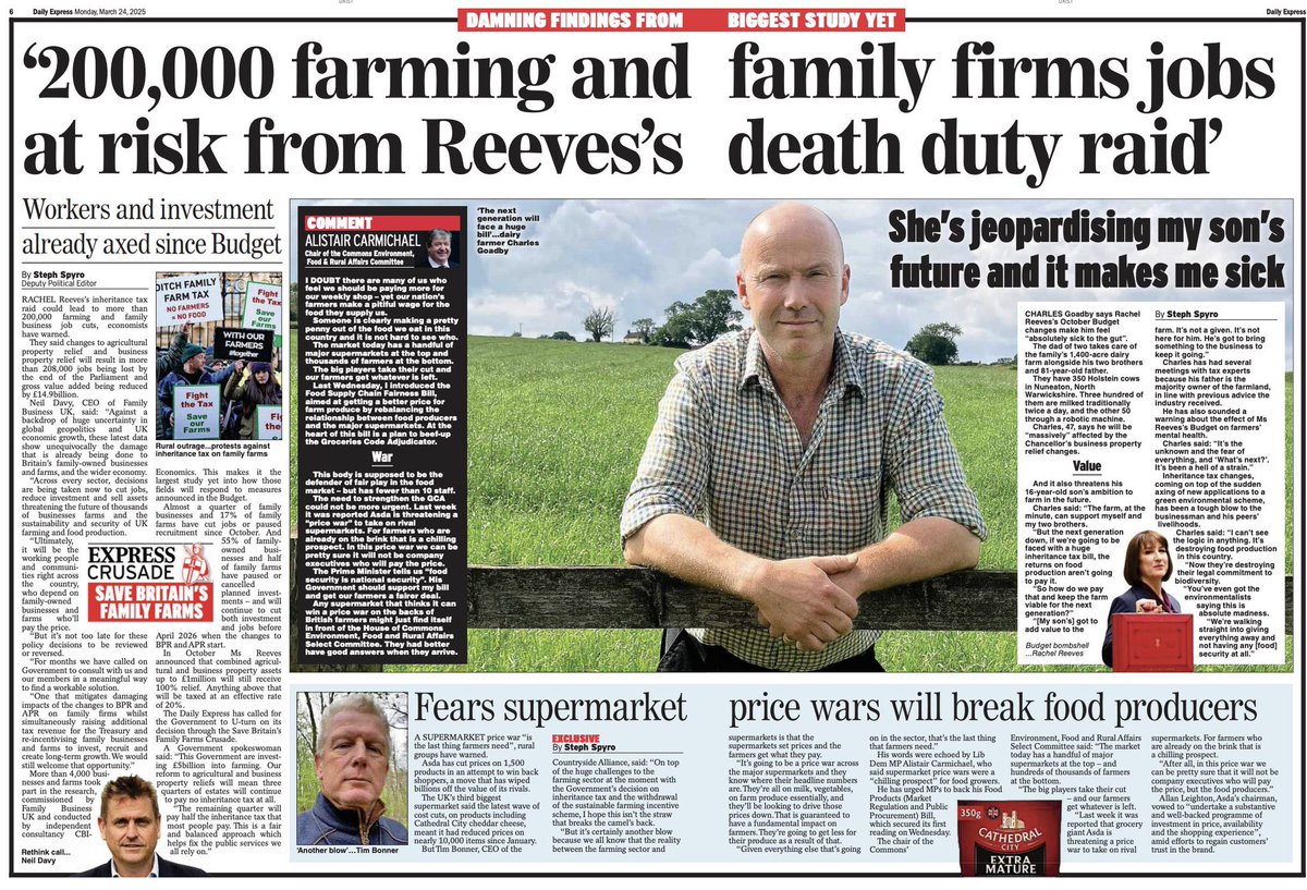 The Labour government are decimating the farming industry.

“200,000 farming and family firms jobs at risk from Reeves's death duty raid.”