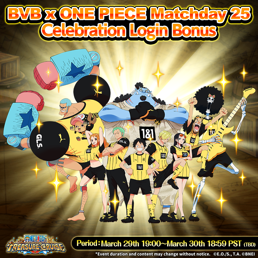 ONE_PIECE_TC's tweet photo. ⚽ BVB X ONE PIECE Matchday 25 🏴‍☠️

Login today to get the special commemorative item!
Use it on your favorite character for a whopping 19,090,000 XP points!

#ONEPIECE #OPTC
