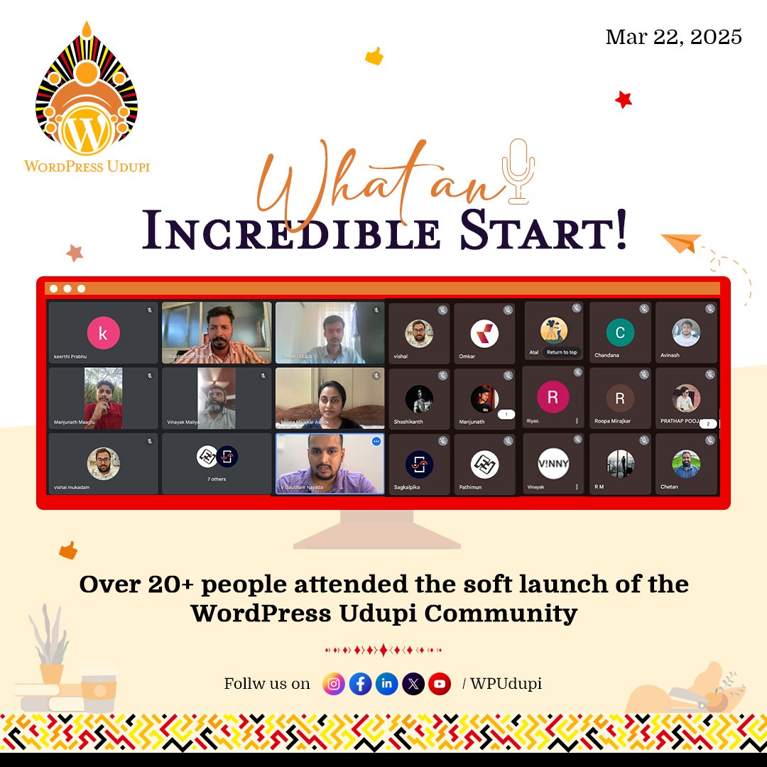 🎉 What an incredible start!

Over 20 people attended the soft launch of the WPUdupi Community held on MAR 22, 2025 - &amp; the energy was just amazing!

This is just the beginning - we're excited for what’s to come!

Join our WhatsApp Community: 📣
chat.whatsapp.com/FB71xpbFSY80T5…

#WPUdupi