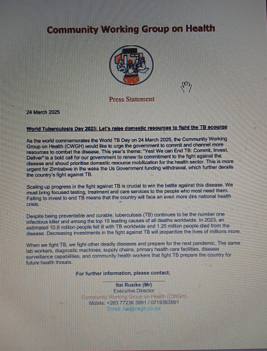 CWGH-Zimbabwe (@cwgh1) on Twitter photo CWGH Statement on World TB Day
drive.google.com/file/d/1TQy8Phโฆ <a href="/MoHCCZim/">Ministry of HealthZW</a> <a href="/WHO_Zimbabwe/">WHO Zimbabwe</a> <a href="/healthtimeszim/">๐๐๐๐ฅ๐ญ๐ก ๐๐ข๐ฆ๐๐ฌ</a> <a href="/CDC_TB/">CDC TB</a> <a href="/Itairusike/">Itai Josh Rusike</a> <a href="/centreforyouths/">Lunia Centre For Youths</a> <a href="/BAMutingwende/">Byron Mutingwende</a> <a href="/CaiphasChimhete/">cchimhete</a> <a href="/znnpinfo/">ZNNP+</a> <a href="/citezw/">CITE</a> <a href="/AnomildM/">Anomild Media and Marketing</a> <a href="/MthuliNcube/">Prof. Mthuli Ncube</a> <a href="/ZimTreasury/">MOFED&IP</a> CWGH Statement on World TB Day
drive.google.com/file/d/1TQy8Phโฆ <a href="/MoHCCZim/">Ministry of HealthZW</a> <a href="/WHO_Zimbabwe/">WHO Zimbabwe</a> <a href="/healthtimeszim/">๐๐๐๐ฅ๐ญ๐ก ๐๐ข๐ฆ๐๐ฌ</a> <a href="/CDC_TB/">CDC TB</a> <a href="/Itairusike/">Itai Josh Rusike</a> <a href="/centreforyouths/">Lunia Centre For Youths</a> <a href="/BAMutingwende/">Byron Mutingwende</a> <a href="/CaiphasChimhete/">cchimhete</a> <a href="/znnpinfo/">ZNNP+</a> <a href="/citezw/">CITE</a> <a href="/AnomildM/">Anomild Media and Marketing</a> <a href="/MthuliNcube/">Prof. Mthuli Ncube</a> <a href="/ZimTreasury/">MOFED&IP</a>