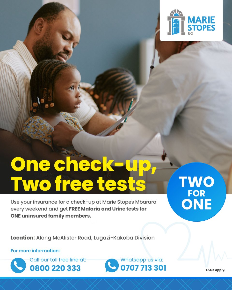 💥 Special Promotion! 🩺 
Mbarara people!!!! Here is a chance of a lifetime. Come and get FREE Malaria and Urine tests for one uninsured family members. Contact us on 0800 220 333 or WhatsApp 0707 713 301
mariestopes.or.ug #ForeveryStageOfWoman