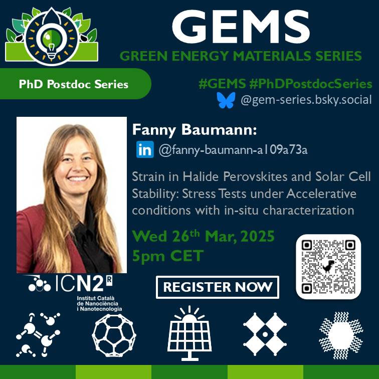 Vincent M. Le Corre (@vmlc_pv) on Twitter photo Join us this Wednesday for an exciting <a href="/GEM__series/">Green Energy Materials Series</a> talk!
🔬 Fanny Baumann (<a href="/icn2nano/">Catalan Institute of Nanoscience & Nanotechnology</a>) will dive into:
"Strain in Halide Perovskites & Solar Cell Stability: Stress Tests under Accelerative Conditions with In-Situ Characterization"
📅 5 PM Wed 26th Mar
📍syddanskuni.zoom.us/webinar/regist… Join us this Wednesday for an exciting <a href="/GEM__series/">Green Energy Materials Series</a> talk!
🔬 Fanny Baumann (<a href="/icn2nano/">Catalan Institute of Nanoscience & Nanotechnology</a>) will dive into:
"Strain in Halide Perovskites & Solar Cell Stability: Stress Tests under Accelerative Conditions with In-Situ Characterization"
📅 5 PM Wed 26th Mar
📍syddanskuni.zoom.us/webinar/regist…