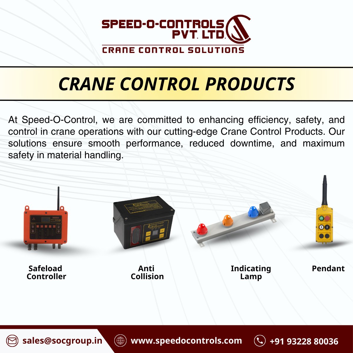 SpeedOControls's tweet image. Speed-O-Control&apos;s crane controls enhance safety and efficiency. Products like Safeload Controllers and Anti-Collision Systems ensure precision. Indicating Lamps and Pendant Controls aid operation. Upgrade for optimal performance. #SpeedOControl #CraneControl #SafetyFirst