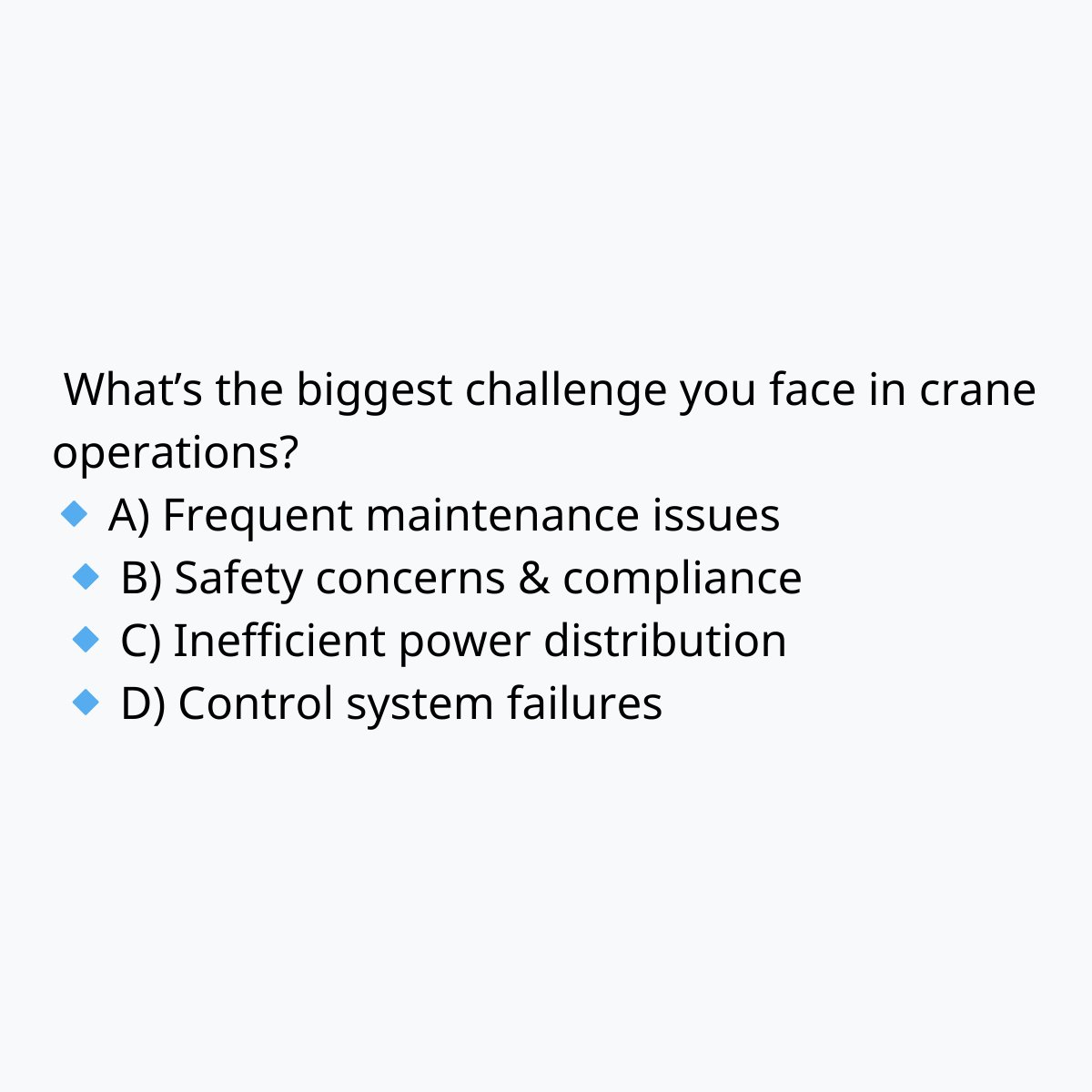 SpeedOControls's tweet image. Speed-O-Control seeks your input on crane operation challenges. Is it maintenance, safety, power, or control? Vote and share your experiences. Your feedback drives our innovation for better industrial solutions. #SpeedOControl #CraneControl #PoweringPerformance