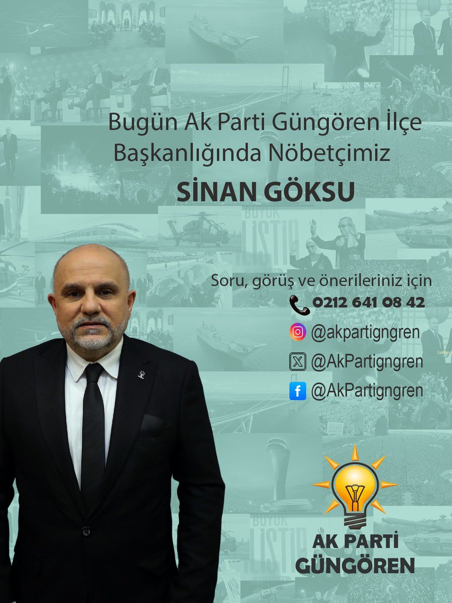 AK Parti Güngören (@akpartigngren) on Twitter photo Güngören İçin;
Bugün Ak Parti İlçe Başkanlığımızda Nöbetçimiz
İlçe Yönetim Kurulu Üyemiz
Sinan GÖKSU
Soru, görüş ve önerileriniz için:
📞(0212) 641 08 42
<a href="/abdullahozdemir/">Abdullah Özdemir</a>
<a href="/dvrnyalcinkaya/">Devran YALÇINKAYA 🇹🇷</a> Güngören İçin;
Bugün Ak Parti İlçe Başkanlığımızda Nöbetçimiz
İlçe Yönetim Kurulu Üyemiz
Sinan GÖKSU
Soru, görüş ve önerileriniz için:
📞(0212) 641 08 42
<a href="/abdullahozdemir/">Abdullah Özdemir</a>
<a href="/dvrnyalcinkaya/">Devran YALÇINKAYA 🇹🇷</a>