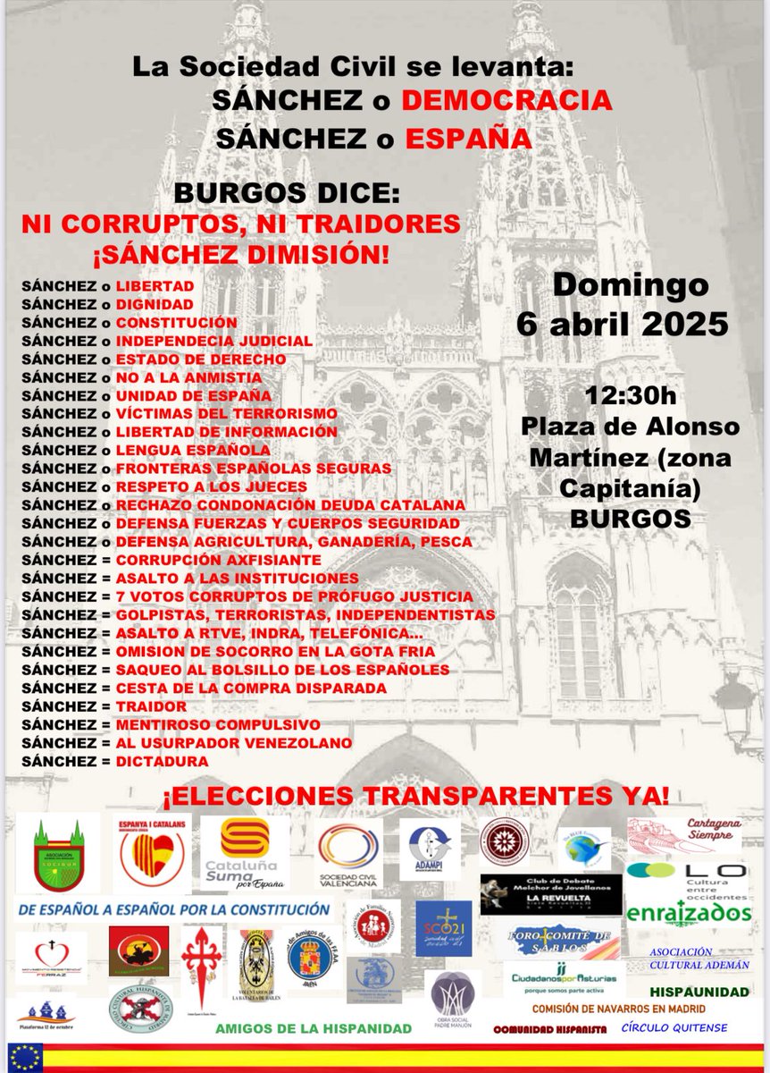 La sociedad civil nos convoca en Burgos el 6 de abril en defensa de la democracia y de España, contra un autócrata anárquico y rodeado de corrupción.