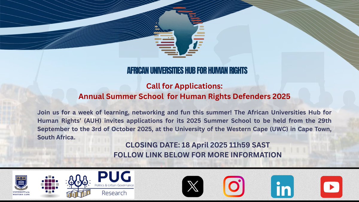 📢 Calling all human rights defenders, activists, and scholars! The 2025 Human Rights Defenders Summer School will be hosted at @uwconline from 29 Sept 29 - 3 Oct, 2025!  
🔗 Apply now: forms.gle/4BLoJCrH6pXfEX…
#HumanRightsDefenders #AfricaHubSchool2025 #UWC