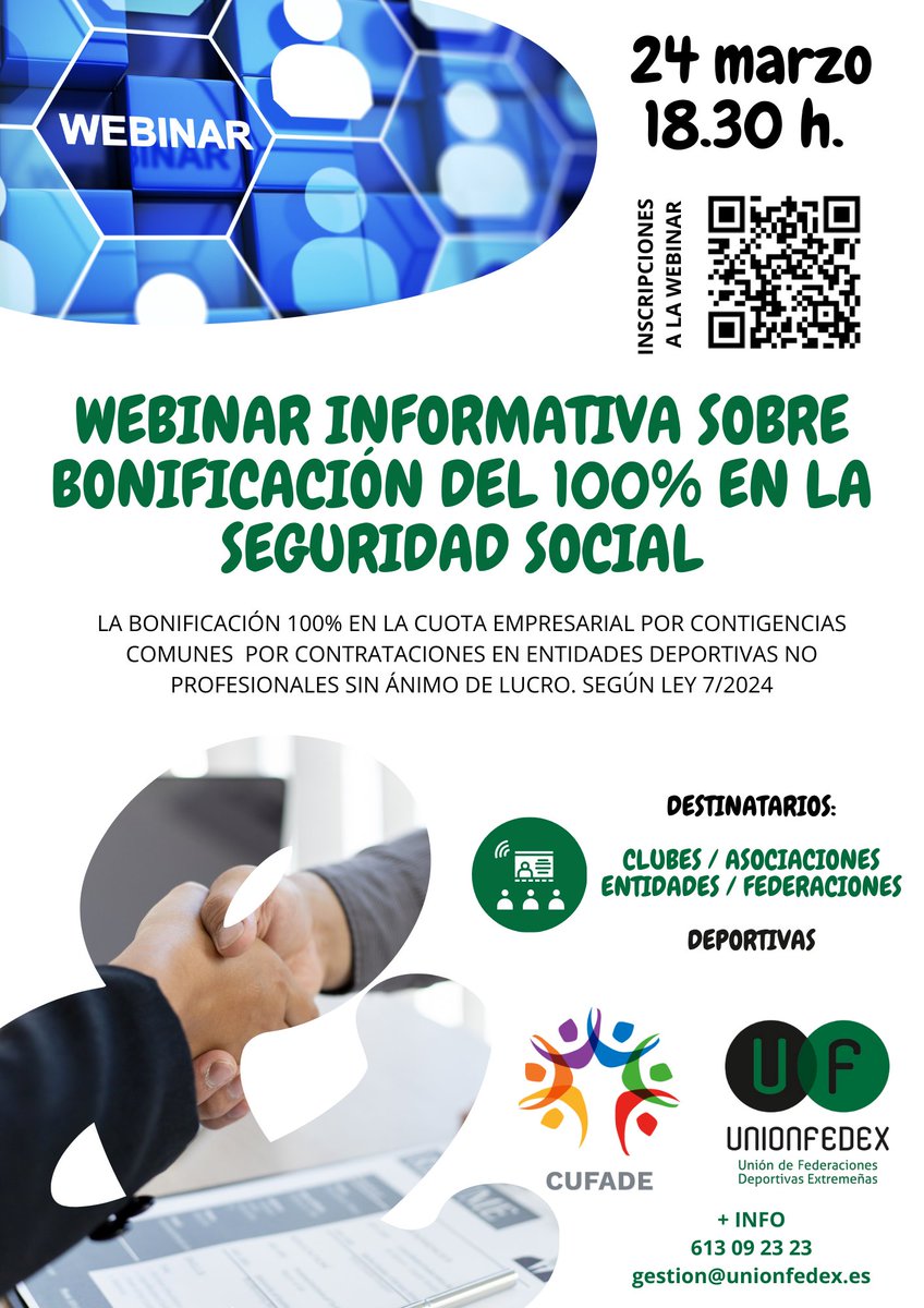 sportmaking (@sportmaking) on Twitter photo Desde <a href="/sportmaking/">sportmaking</a> como gestores de la UNIONFEDEX, os informamos que hoy tendrá lugar una Webinar para todos las entidades, asociaciones o clubes con relación federativa, a cargo de CUFADE, que tendrá lugar hoy a las 18.30 horas.
Enlace al formulario: forms.gle/YpoRmETkKH9HVC… Desde <a href="/sportmaking/">sportmaking</a> como gestores de la UNIONFEDEX, os informamos que hoy tendrá lugar una Webinar para todos las entidades, asociaciones o clubes con relación federativa, a cargo de CUFADE, que tendrá lugar hoy a las 18.30 horas.
Enlace al formulario: forms.gle/YpoRmETkKH9HVC…