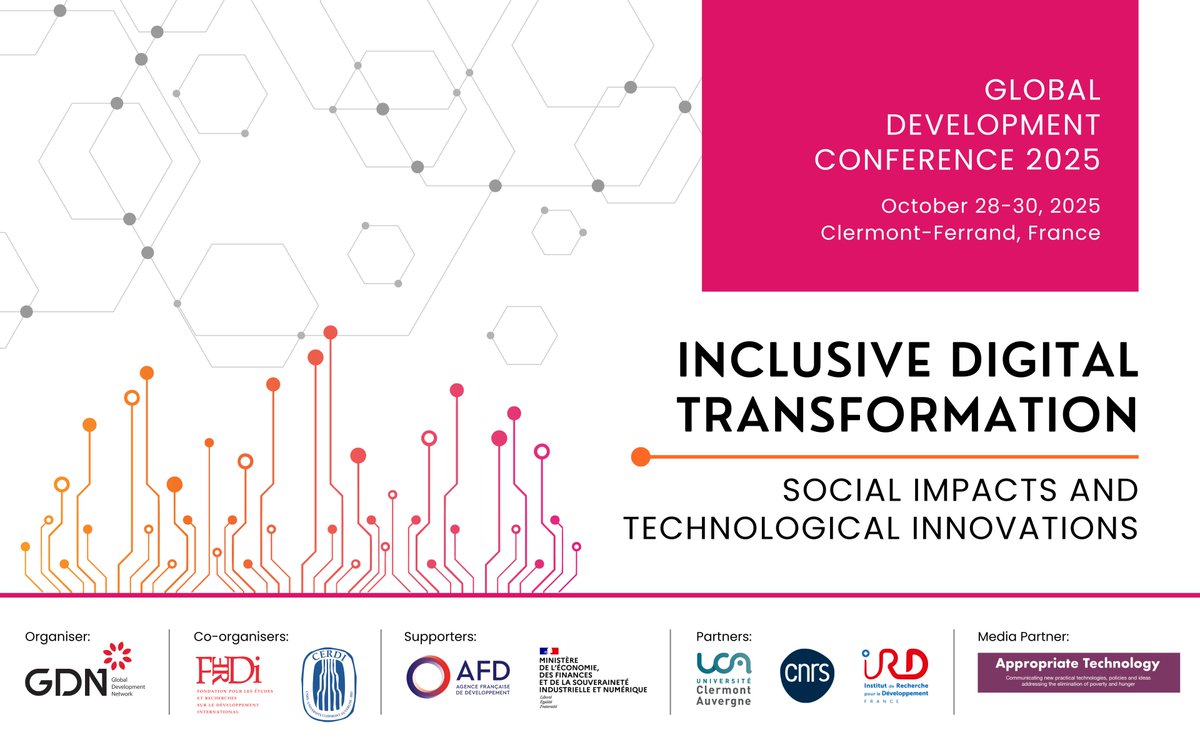 Global Development Network (@gdnint) on Twitter photo We’re thrilled to share that the Global Development Conference 2025 will take place in Clermont-Ferrand, France, from October 28-30, 2025! This year’s theme, ‘Inclusive Digital Transformation: Social Impacts and Technological Innovations’, will explore how digital advancements We’re thrilled to share that the Global Development Conference 2025 will take place in Clermont-Ferrand, France, from October 28-30, 2025! This year’s theme, ‘Inclusive Digital Transformation: Social Impacts and Technological Innovations’, will explore how digital advancements
