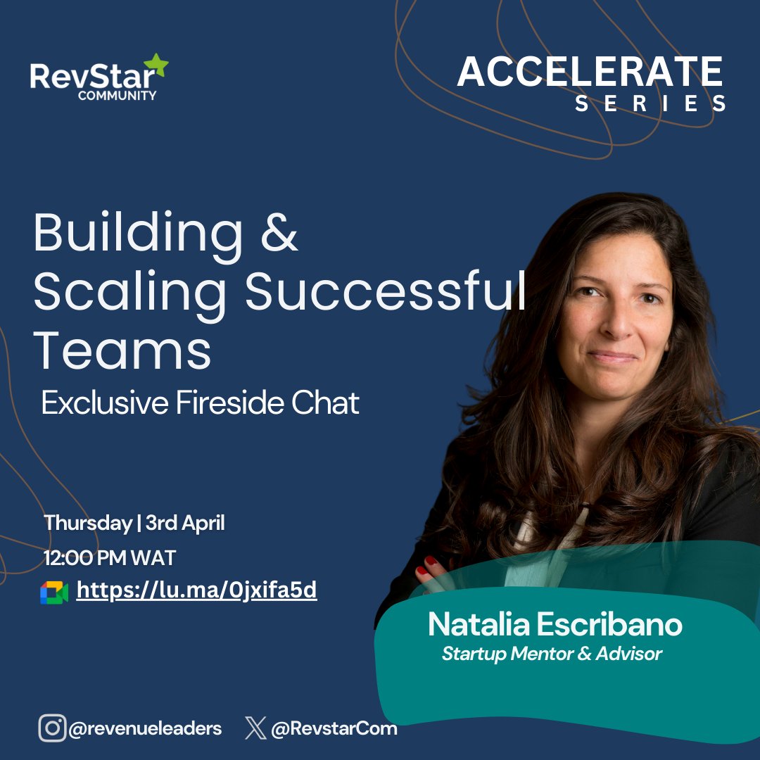 RevstarCom's tweet photo. What does it take to build & scale high-performing teams? 🤔💡
Join us for a fireside chat with @NataliaEscribano (ex-Motorola, Meta, VIOOH)
📅 April 3rd | 12 PM
📍 Virtual Session
🔗 Register now: https://t.co/09ORxsI1Tx
🚀 #Leadership #TeamBuilding #RevStarCommunity https://t.co/Xg1GfP2Orq