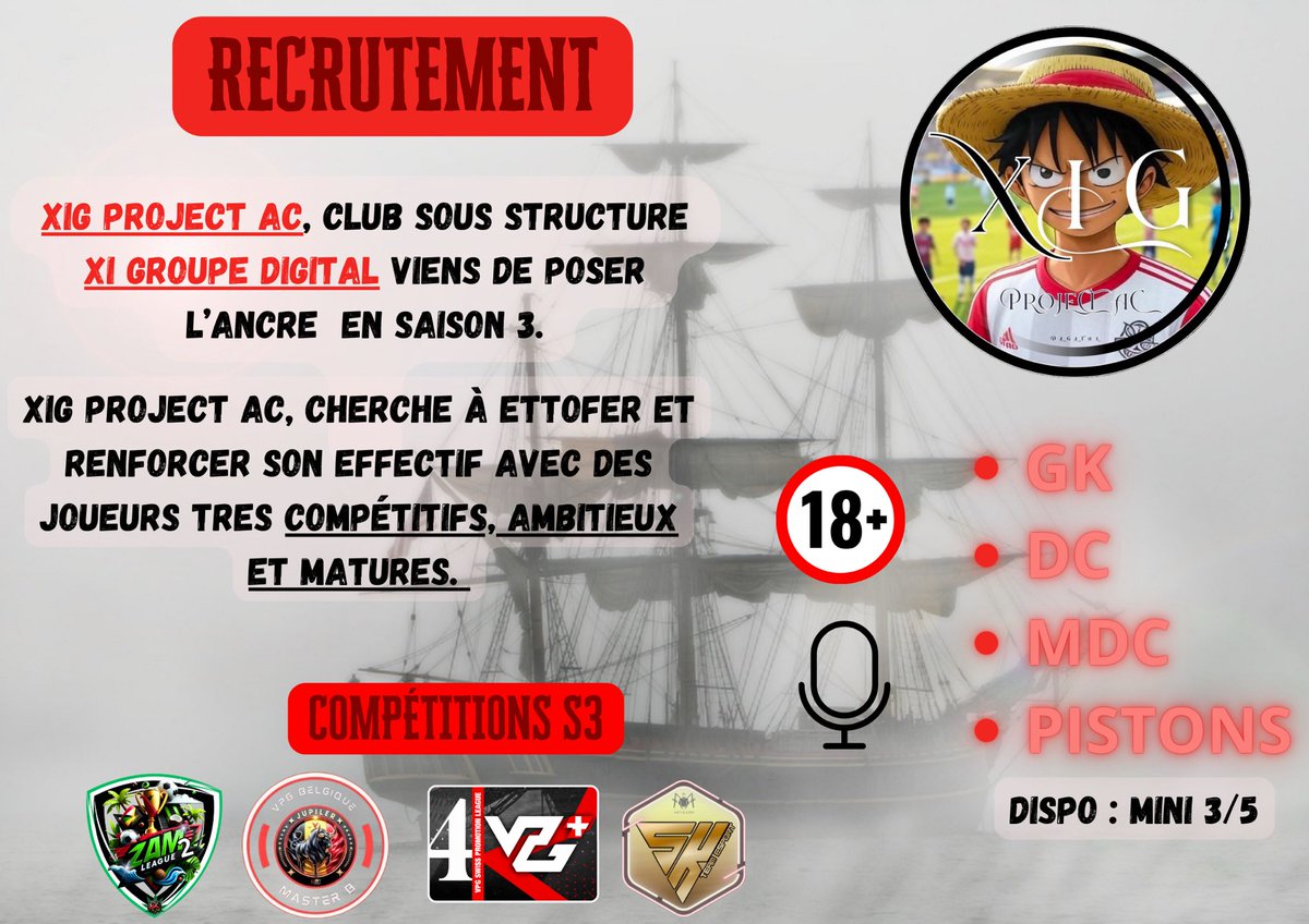 XIG Project AC (@xigprojectac) on Twitter photo 📢 XIG PROJECT AC RECRUTE ! 🔥
🔹 3-5-2 | 18+ | 3/5 dispo
🏆 Objectif : Saison 3 → ZAM, SK League, VPG 🇨đź‡đź‡§đź‡Ş
📅 Soirées :
âś… Dim & Mer : Tournois VFT
✅ Lun, Mar & Jeu : Compétitions
🚀 Rejoins XI GROUP DIGITAL et marque l’histoire !
đź“© DM pour postuler !
#XIGProjectAC 📢 XIG PROJECT AC RECRUTE ! 🔥
🔹 3-5-2 | 18+ | 3/5 dispo
🏆 Objectif : Saison 3 → ZAM, SK League, VPG 🇨đź‡đź‡§đź‡Ş
📅 Soirées :
âś… Dim & Mer : Tournois VFT
✅ Lun, Mar & Jeu : Compétitions
🚀 Rejoins XI GROUP DIGITAL et marque l’histoire !
đź“© DM pour postuler !
#XIGProjectAC