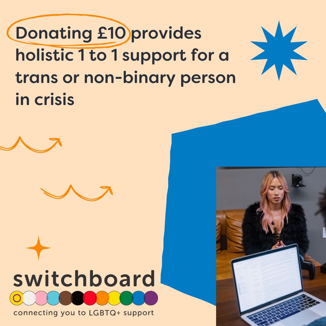 LGBTSwitchboard's tweet image. Your donation of just £10 will provide holistic 1-to-1 support for a trans or non-binary person in crisis. We can ensure that those who need it most receive the care and understanding they deserve.
Donate today: switchboard.org.uk/donate
#SupportTransRights #NonBinarySupport #LGBTQ
