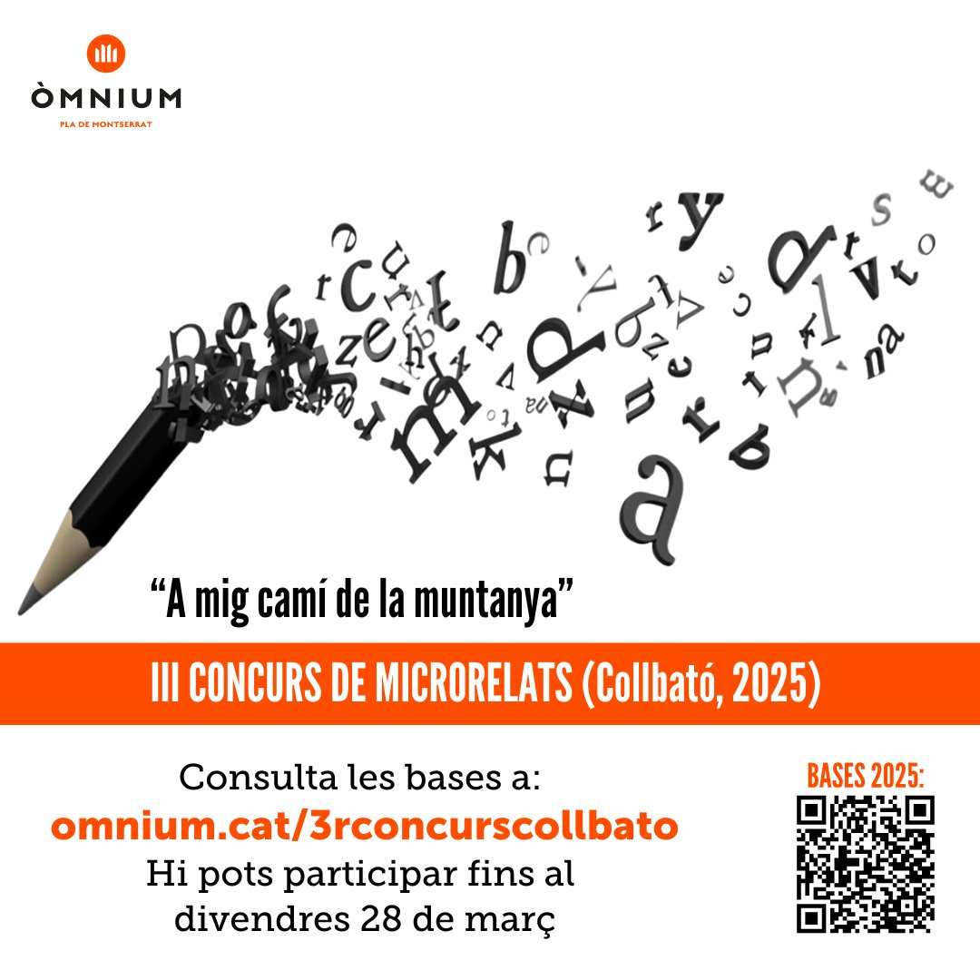 ✍🏻 El grup local de #Collbató d' Òmnium Pla de Montserrat organitza, un any més, el Concurs de Microrelats al voltant de la diada de Sant Jordi.

📣 Anima't a participar-hi! Ens pots fer arribar el teu text fins al 28 de març!
Consulta les bases 👉 omnium.cat/ca/3rconcursco…