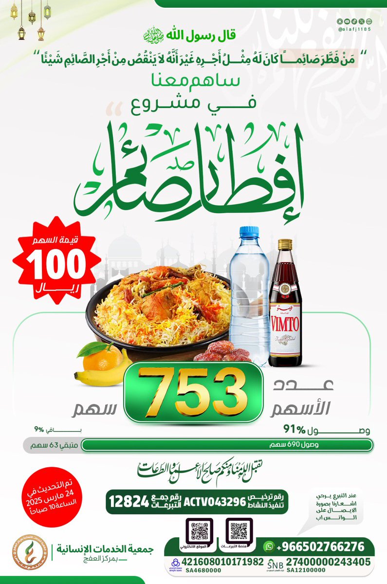 #بدعمكم وأثر عطائكم أوشك مشروع إفطار الصائمين على الانتهاء ⏬️

اكتمل : 91%🟢
وباقي فقط : 9%🔴

التبرع والصدقة في العشر الأواخر هوا خيرّ دائم و أجرّ مضـاعف🌱🌙

للتبرع عبر المتجر الالكتروني

2u.pw/EnY3bYCt