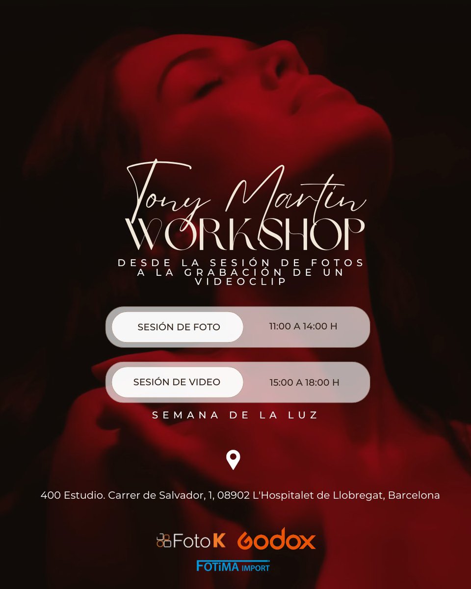 📸🎬 ¡Aprende a iluminar y dirigir sesiones de fotos y videoclips con Tony Martín!

📅 2 de abril | ⏰ 11:00 - 18:00 h
📍 400 Estudio, Barcelona
🔥 Taller práctico dentro de la #SemanaDeLaLuz con <a href="/Foto_K/">Foto K</a>  y Godox.

🎟️ Plazas limitadas. Reserva aquí 👉fotok.es/talleres-y-wor…